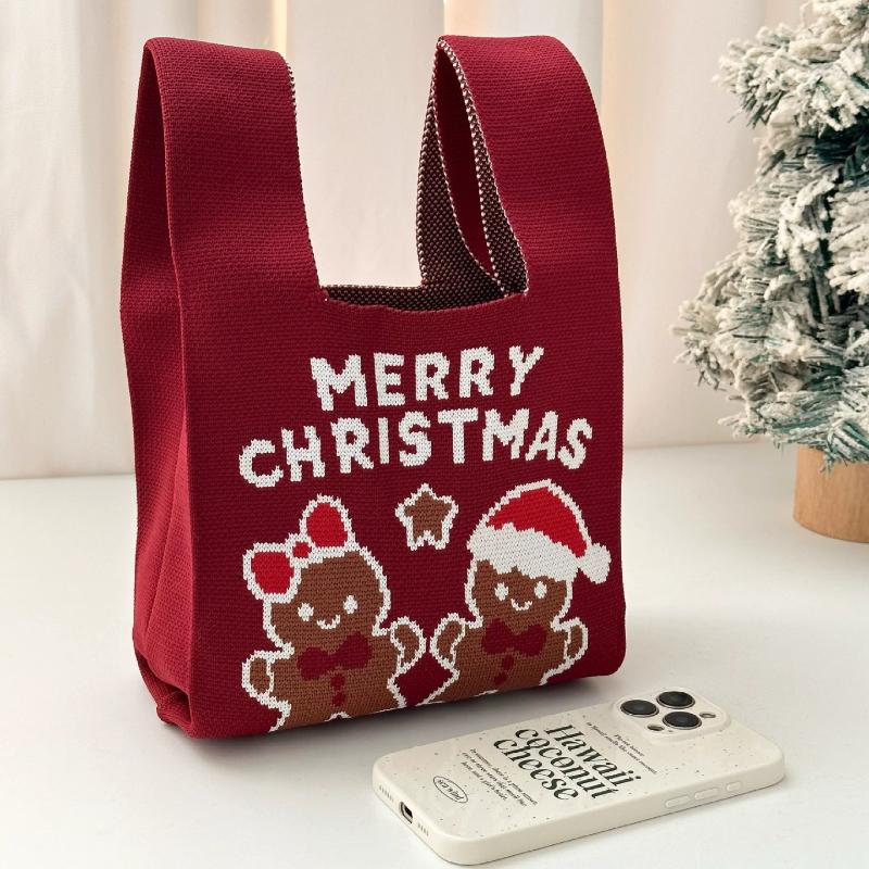 

Сумка-тоут из спандекса на рождественскую тематику - Вязаные подарочные сумки большой вместимости с узорами Санты и елки для праздничного дарения подарков 20X35 CM