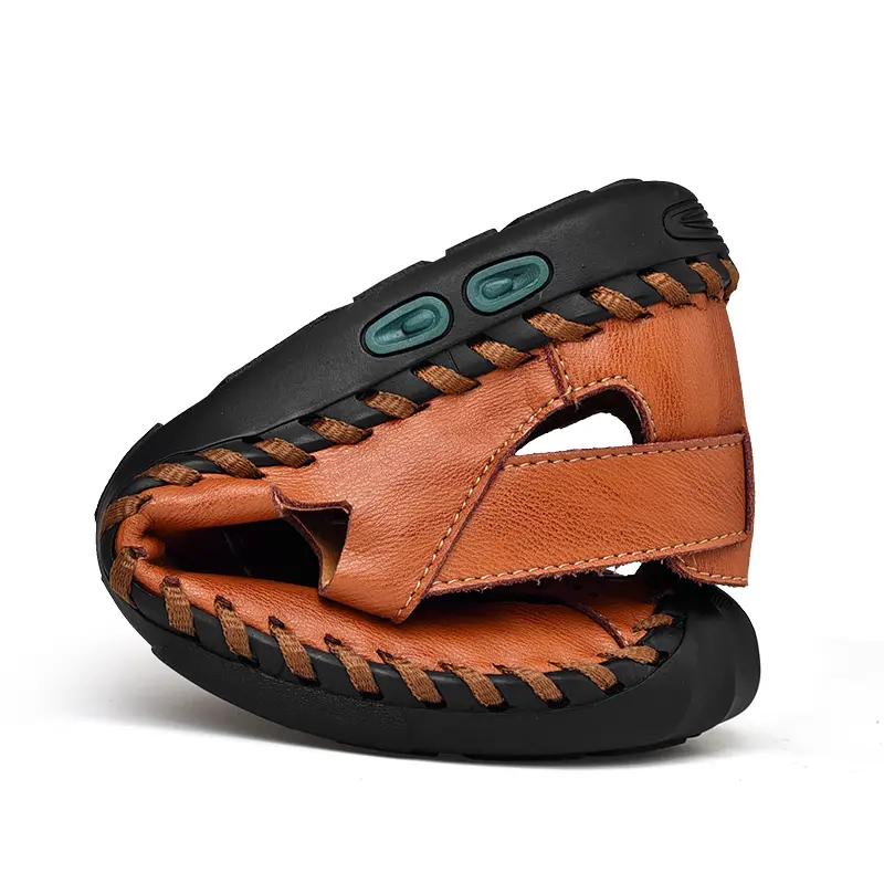 Summer Men's Hollow Leather Beach Sandals Closed Toe Slippers For Men Flip Flops Outdoor Casual Beach Shoe Wide Big Size