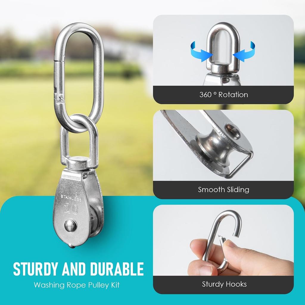 Stainless Steel Washing Line Pulley System Heavy Duty Pulley Wheel Set with Nylon Rope, Cleat Hooks, 360° Swivel Pulley Block for Indoor Outdoor