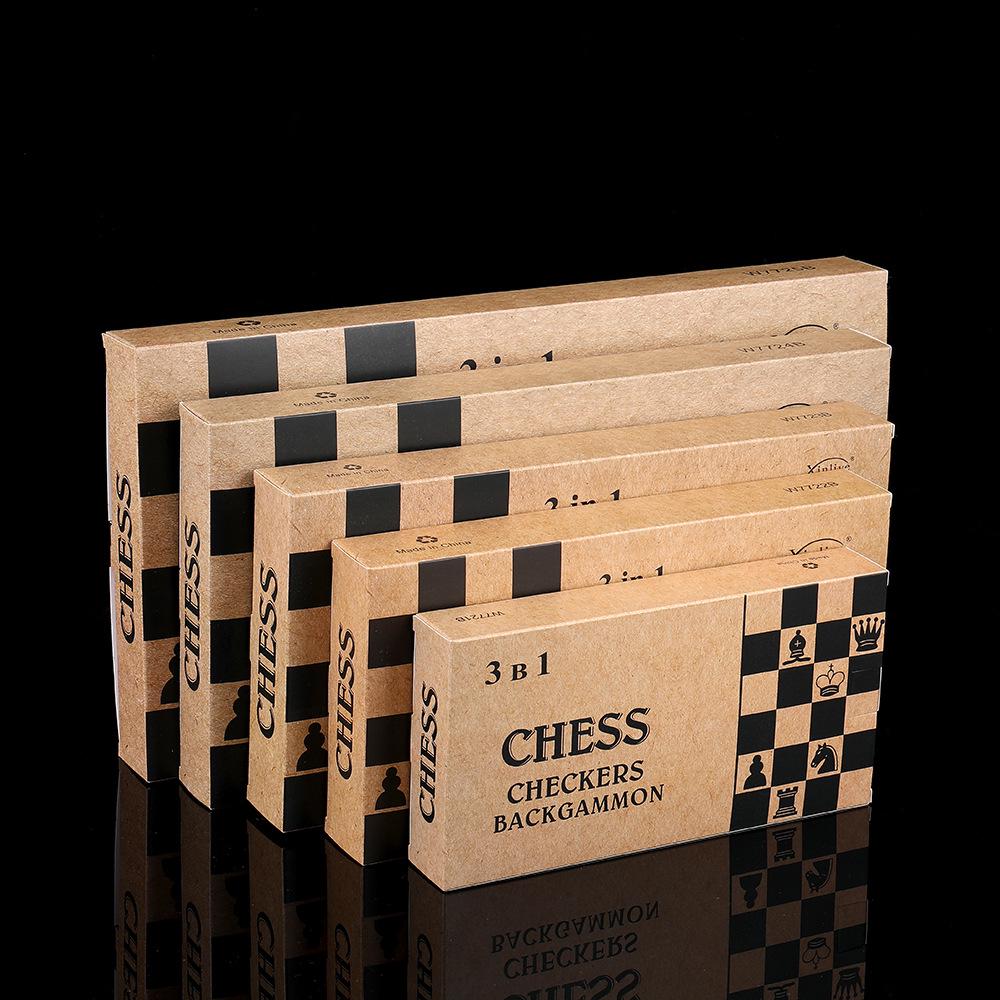 Set de joc pliabil din lemn 3-în-1 Șah, Cărți și Puzzle - Jucărie portabilă de strategie
