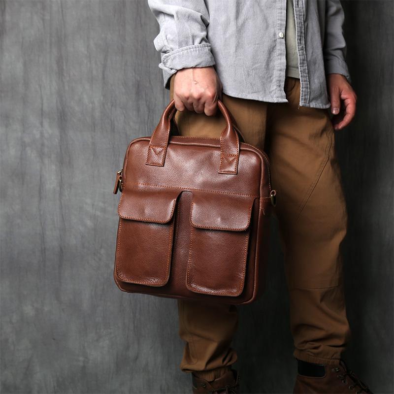 NZPJ New Retro Leather Men's Handbag Top Layer Cowhide Vertical Single Shoulder Messenger Bag Postman Briefcase Computer Bag