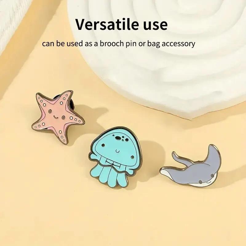 3pcs Cute Cartoon Chibi-Style Marine Creature Metal Pins: Seahorse, Shark, Jellyfish, Starfish Bag Accessories & Brooches