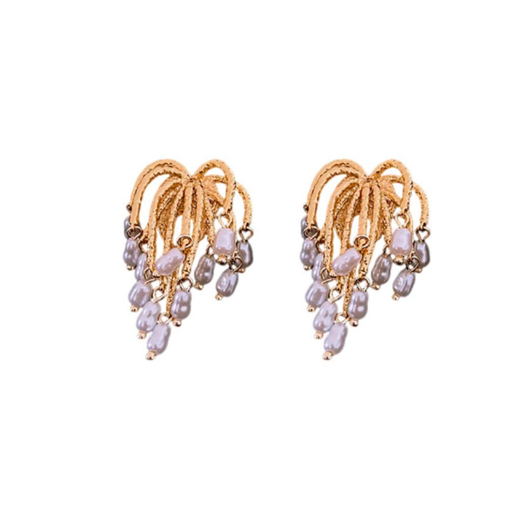 Irregular Metal Flower Earrings Vintage Exaggerated Earrings Pearl Tassel Earrings  Women