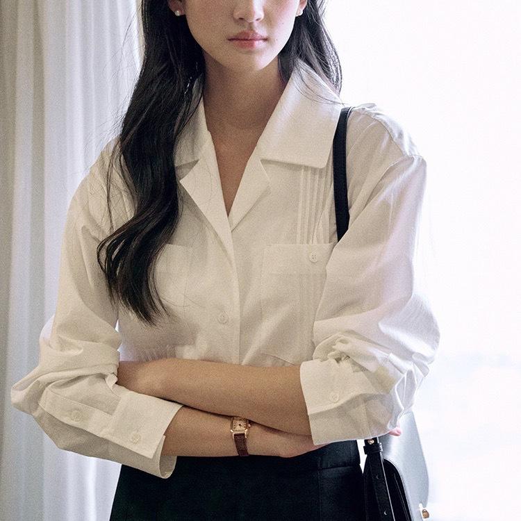 Washed cotton Cuban collar commuter white shirt women's spring organ pleated niche temperament long-sleeved shirt