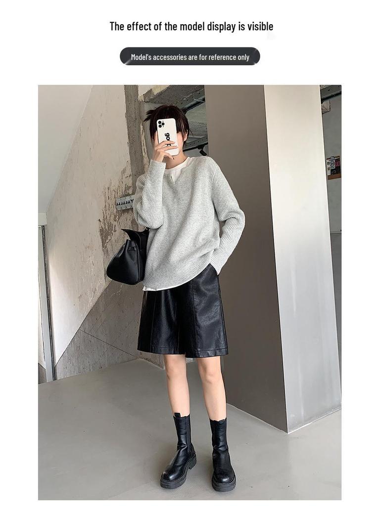 2025 Women's High Waist PU Washed Leather Bootcut Shorts - Mid-Length, Wide Leg, Loose Slimming Fit for Autumn/Winter