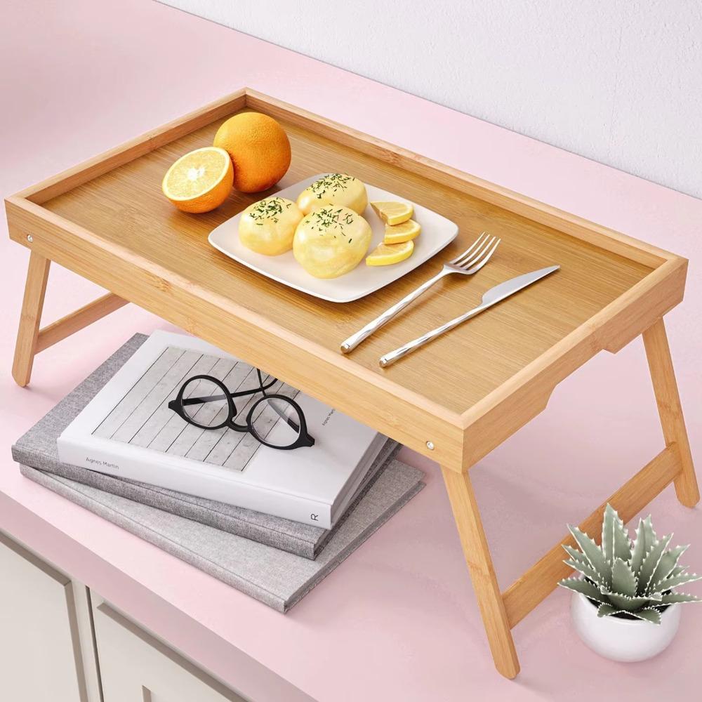 Natural Bamboo Bed Brunch Serving Tray Concealed Handle Bed Laptop Tray  Bedroom