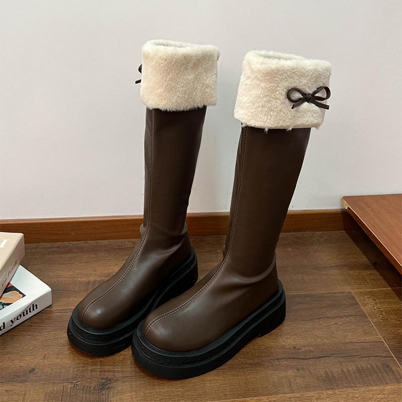 Winter Thick Sole Woman Short Plush High Boot Fashion Butterfly-knot Back Zippers Shoes Women's Slim Knight Long Booties