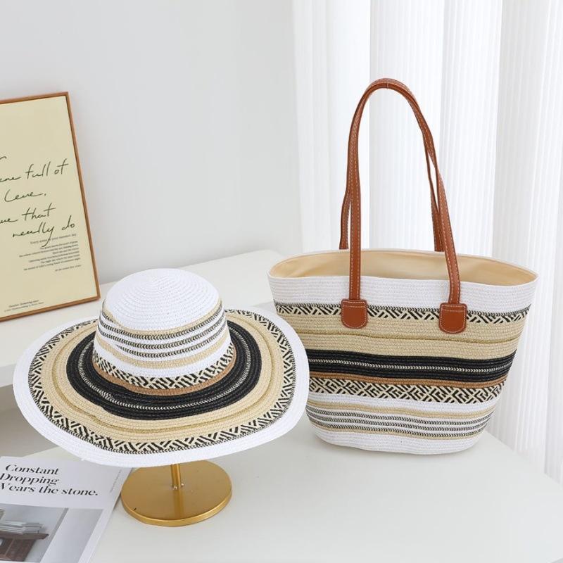 Neuer Frühling und Sommer Traufe Weben Modische Farbabstimmung Strohhut Outdoor Sonnenschutz Sonnenhut Strohtasche