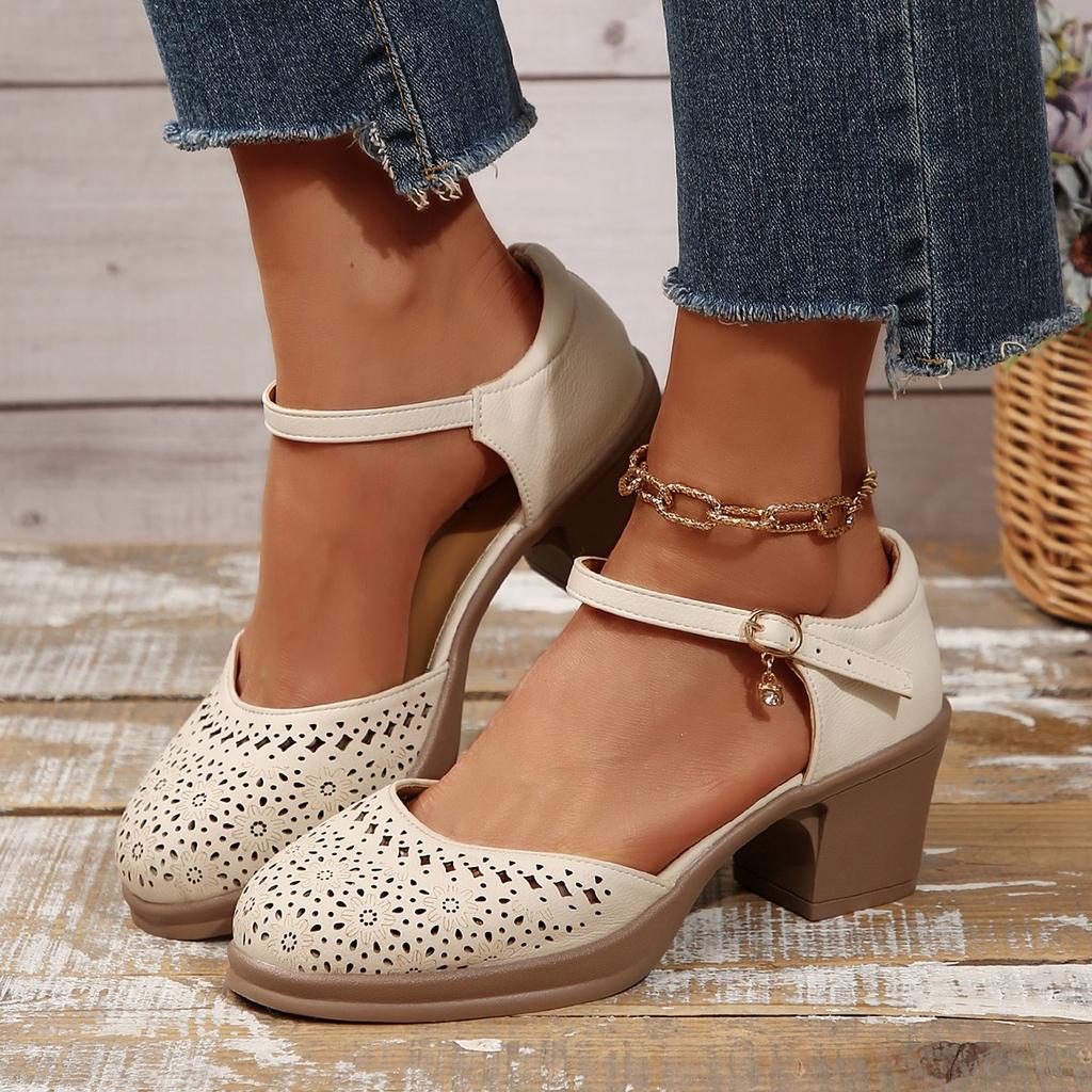 Fashion Ankle Strap High Heels Sandals for Women 2025 Summer Hollow Out Breathable Pumps Woman Comfortable Chunky Heeled Shoes