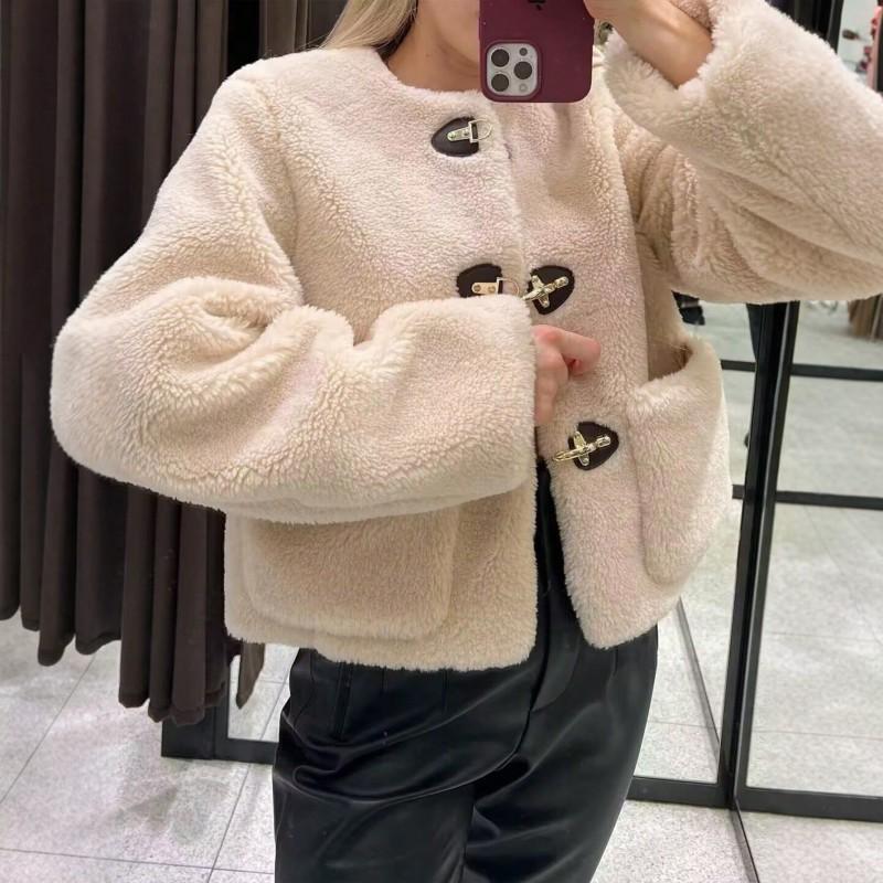 Womens Short Wool Blend Coat With Faux Fur Lining Round Neck Loose Fit Warm Outerwear Winter