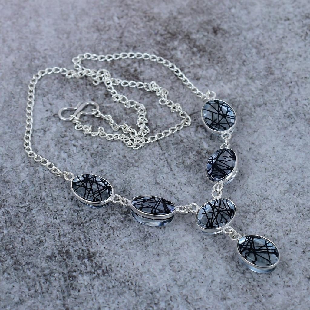 Black Rutile Gemstone Handmade 925 Sterling Silver Jewelry Necklace 18" M-409