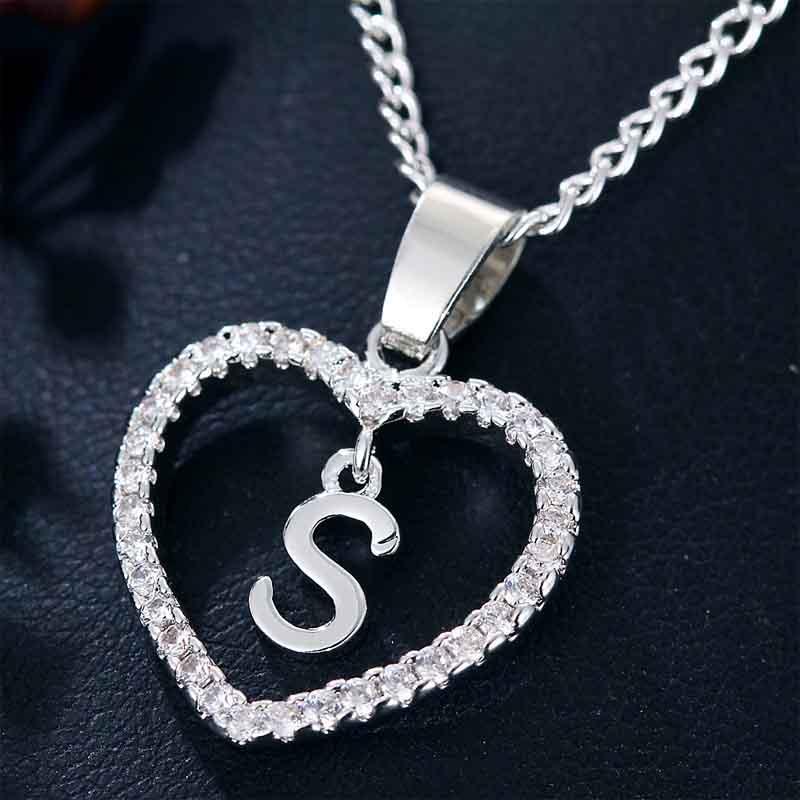 Heart Letters 26 Love Crystal Women Silver Plated Chain Jewelry Necklace