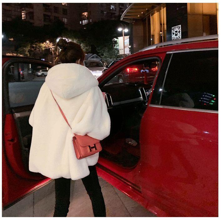 2024 Women's Winter Mid-length Faux Rex Rabbit Fur Coat with Hood and Fleece Lining