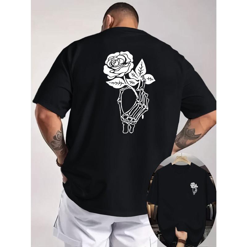 European Size American Dark Rose T-Shirt! Double-sided Print Featuring a Skeleton Holding a Rose on the Front and Back, Perfect for Men S
