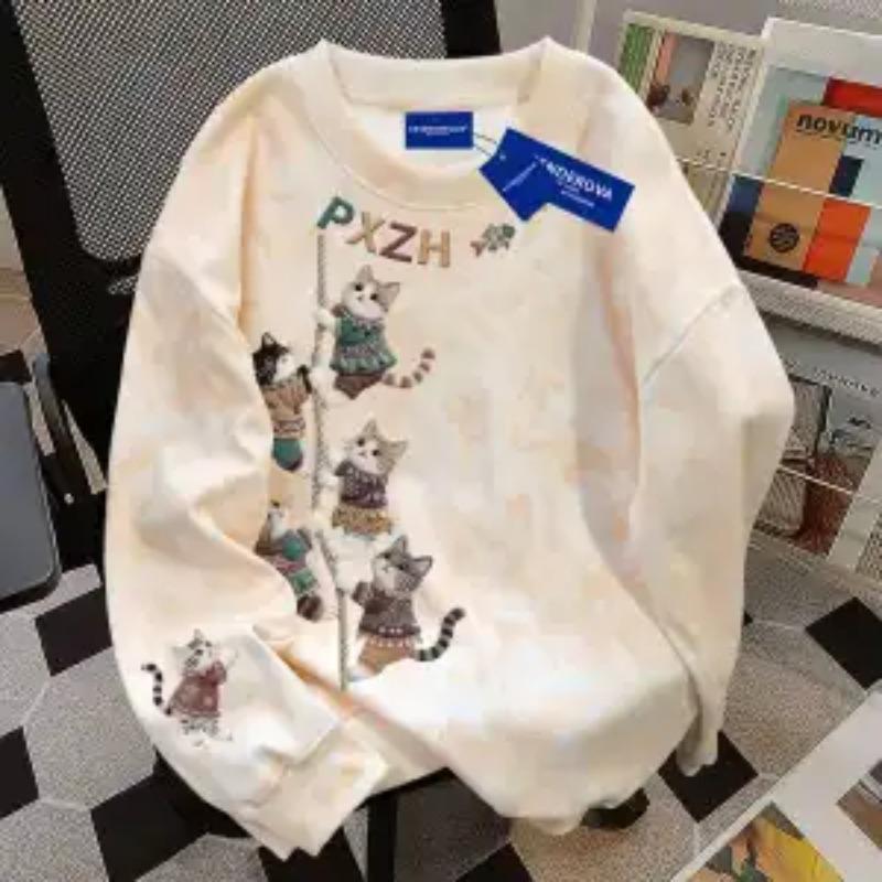 Pure Cotton American Trendy Tie-dye Round Neck Sweatshirt for Women Autumn Winter Loose Top