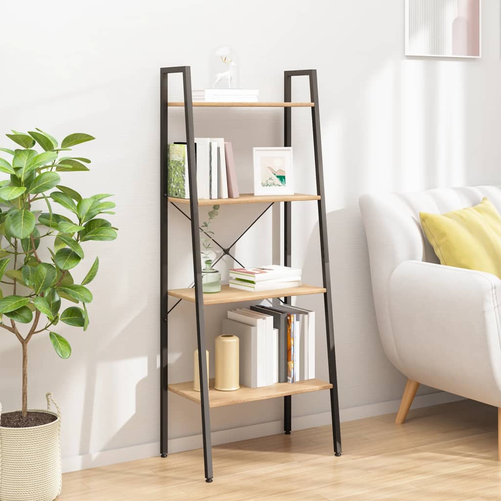 Vidaxl Ladder Shelf With 4 Shelves, Light Brown-Black, 56X35X140 Cm