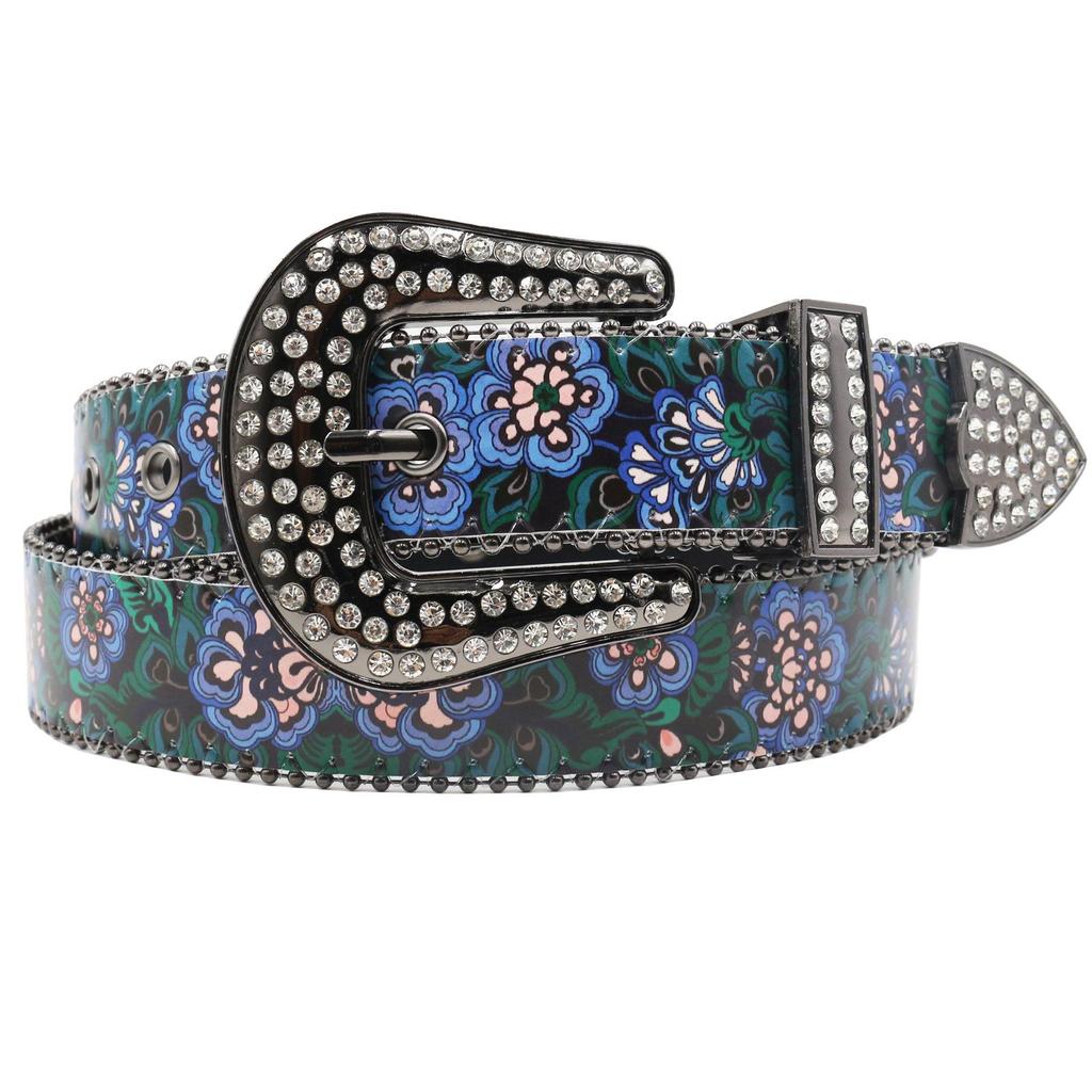 Versatile Women's Rhinestone Belt with Purple & Green Floral Design - Stylish Thin Waist Accessory