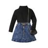 Mädchenanzug Sommer Kinder Einfarbiger Langarm-Top und Denim Plissee Kurzer Rock Anzug