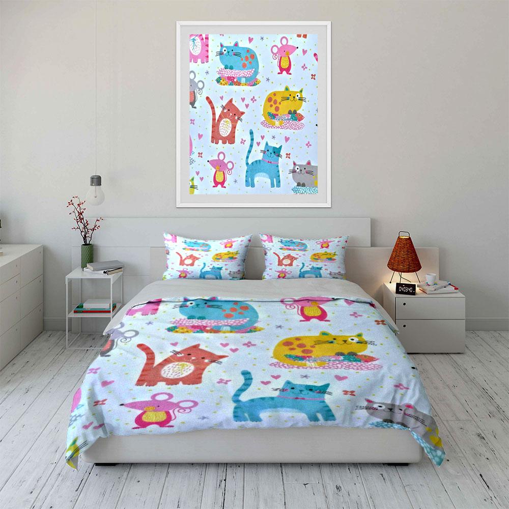 Cartoon Cat Print Bedding Set Soft Comfortable Duvet Cover Bedding Set Included 1*Duvet Cover & 2*Pillowcases, Gift
