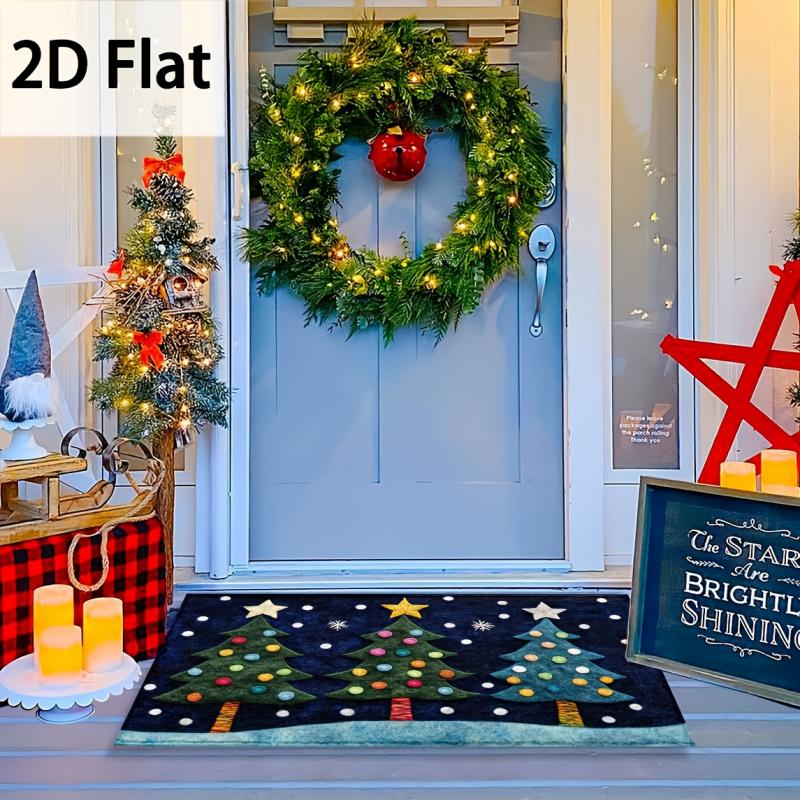 Christmas Tree Doormat Three Colorful Trees Blue Snow Welcome Mat Non Slip Soft Flannel Floor Rug for Front Door Entryway
