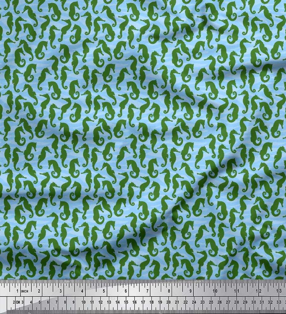 Soimoi Japan Crepe Satin Fabric Sea Horse Ocean Printed Craft Fabric by the metre 42 Inch