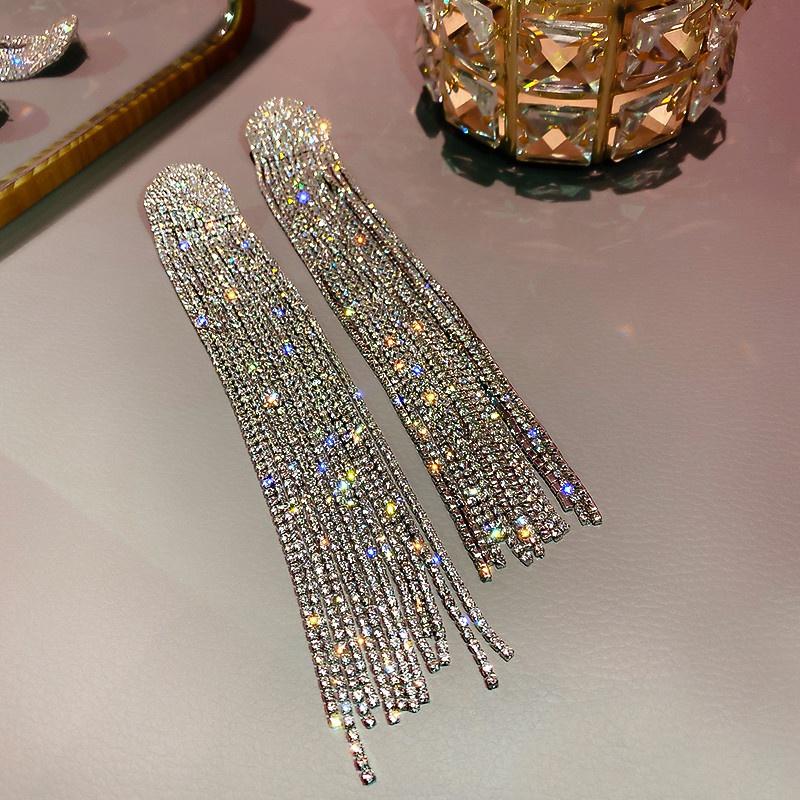 Fine Long Tassel Full Rhinestone Drop Earrings for Women Ovsize Crystal Dangle Earrings Fashion Jewelry Accessories