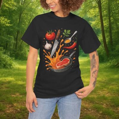 Steak Sizzle TShirt Bold Cooking Graphic Tee Frying Pan Splash with Knife Steak Veggies Fun Foodie Gift for Chefs