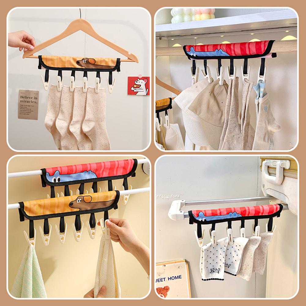 1PC Cartoon Fabric Wall Mounted Clothes Rack with 6 Snap Cap Clips Space Saving Laundry Drying Rack for Home Organization