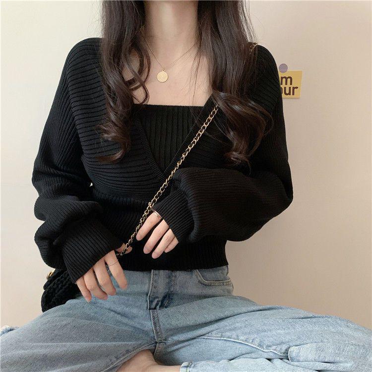Women's Fashionable Square Neck Knitted Top - Spring/Autumn Design, Short, Versatile, with Bubble Sleeves and a Faux Two-Piece Look.
