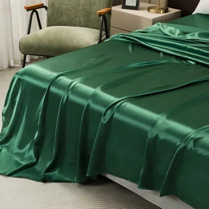 Satin Flat Bed Sheet Smooth Luxury Satin Silk Bedding Set with Duvet Cover Bed Sheet 1 Duvet Cover+1 Bed Sheet+2 Pillowcases