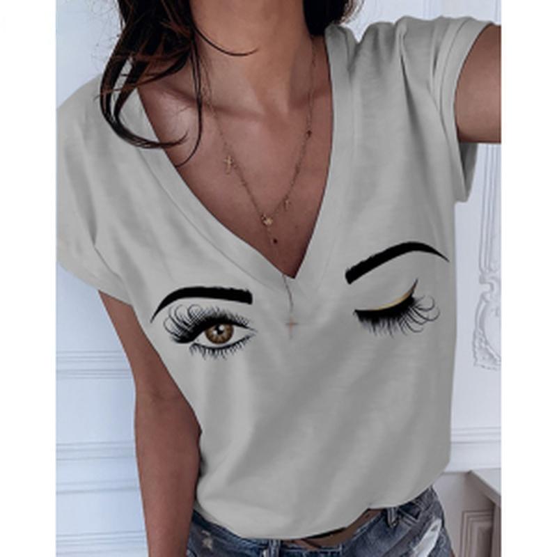

Fashion Spring Beautiful Eyes Print Blouses Short Sleeved V-Neck T Shirts Casual 8XL сірий