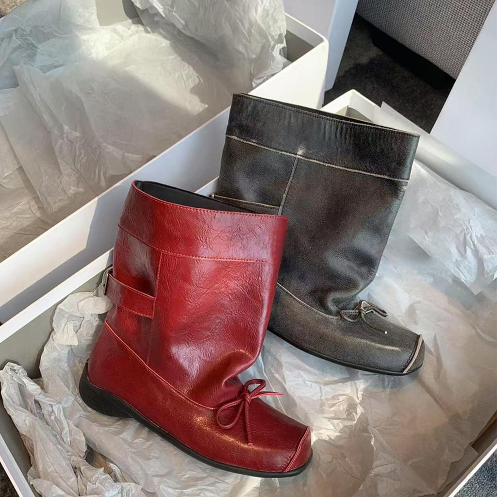 Korean niche ballet short boots children 2025 new retro bow square head medium tube boots sleeve fashion boots