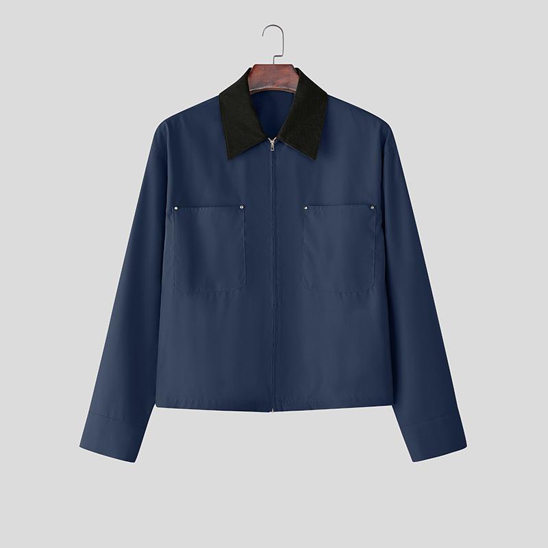 INCERUN Men Lapel Neck Long Sleeve Zipper Stitching Casual Cargo Jackets Coats