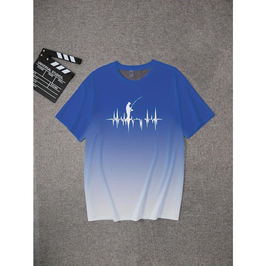 Vibrant Style| Big & Tall Men's Gradient Fishing Graphic Tee - Casual Polyester Short Sleeve, Summer Print with Heartbeat Fishing Gear, PLUS SIZE