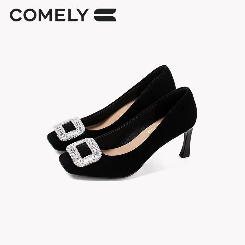 COMELY Women's Square Buckle Rhinestone Stiletto Heels