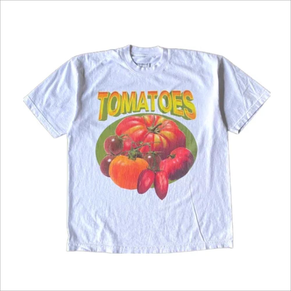 Summer New Y2K Classic Tomato Print White Round Neck Pure Cotton T-shirt Couple T-shirt Harajuku Top Women's Wear