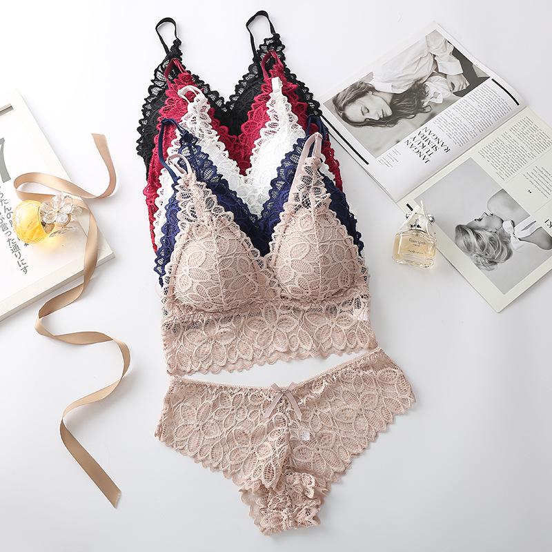 2021 Summer French Lace Trim Tank Style Molded Cup Women's Underwear Set