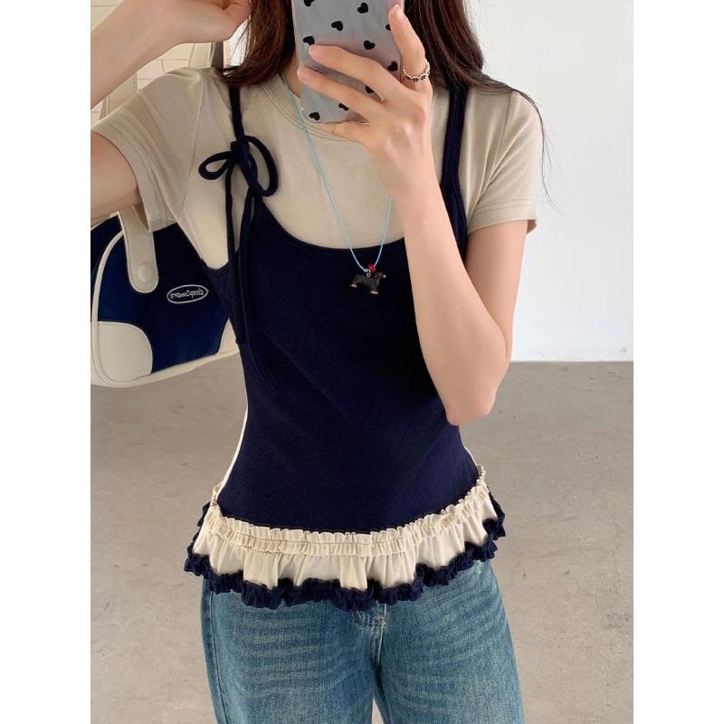 

women ruffle hem camisole top spaghetti strap self-tie casual form-fitting solid color layered tank top S темно-синього кольору