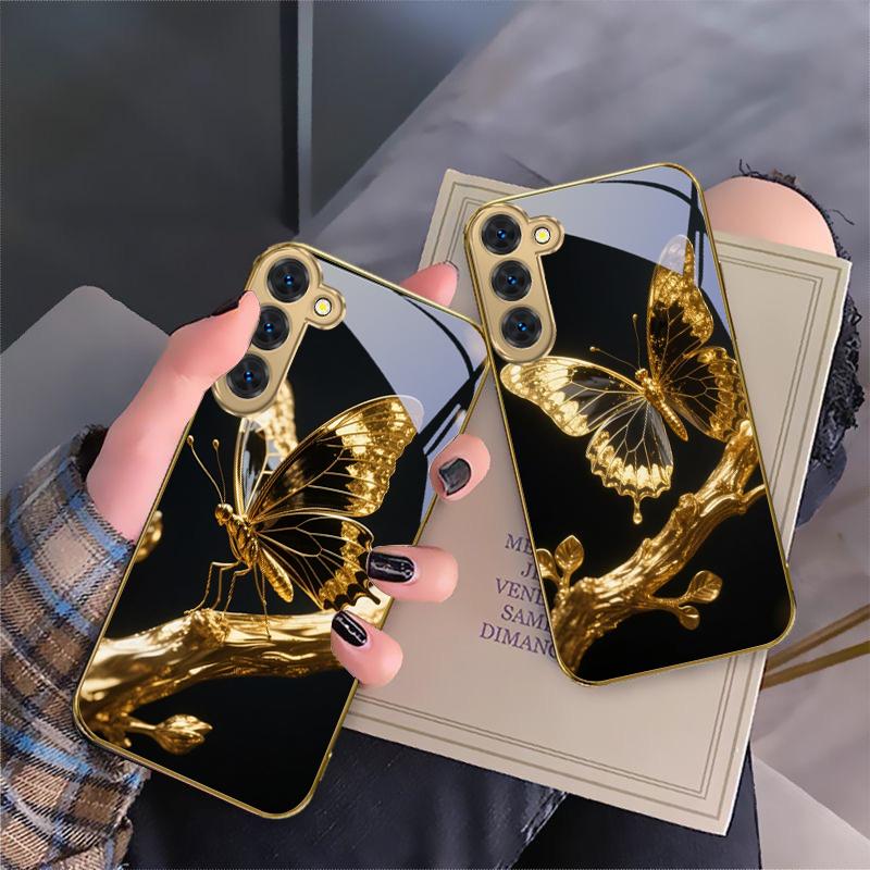 Butterfly on the Branch For Samsung Galaxy S20 FE S21 S22 S23 Plus S24 Ultra S25Ultra S21+ S9+ S22Plus Golden glass phone case