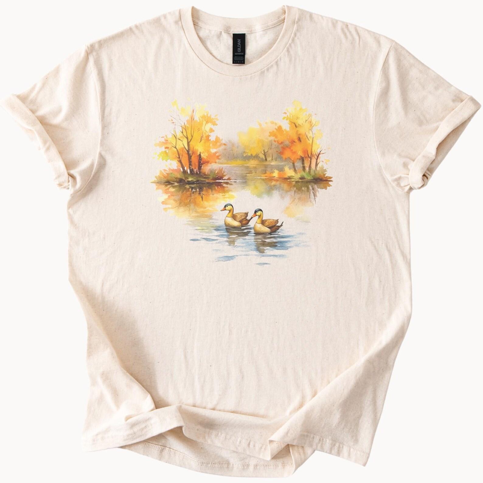 Fall Ducks on Lake T Shirt Autumn Forest Trees Scenic Nature Graphic Tee Watercolor Mallard Ducks Art Shirt Outdoors Lake Scene Top 140