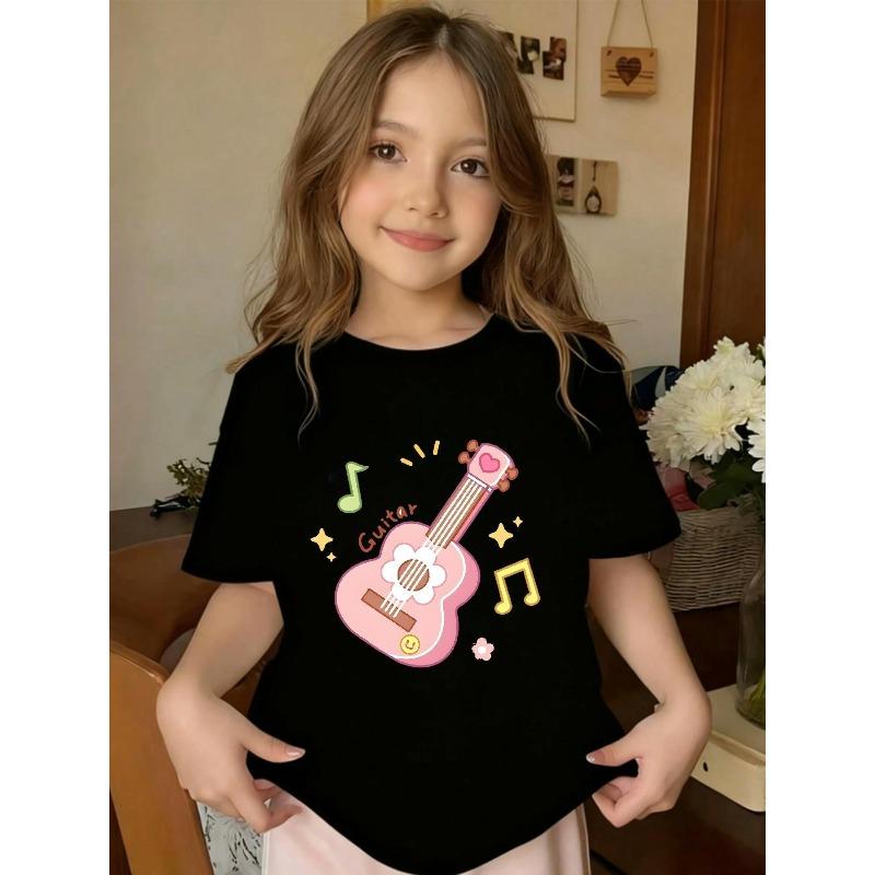 European sizes Cartoon  Guitar Print, Casual Breathable Round-neck Short-sleeve Girls' T-shirt, Spring and Summer, Suitable for Trendy and Cute Girls