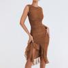 Ladies Sexy Tight Open Back Pleated Midi Dress Sleeveless Irregular Hem Dress Slim Dress