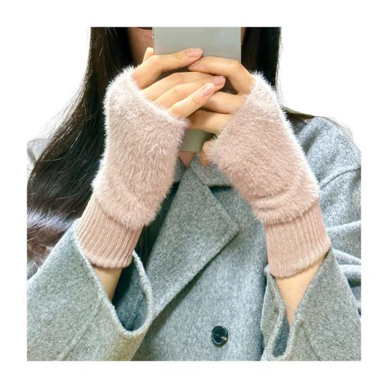 Fingerless Gloves for Women Faux Fur Thumb Hole Half Finger Gloves Stretchy Warm Winter Typing Writing Mittens