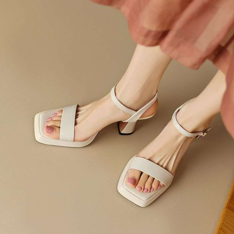 2025 summer Korean version waterproof table thick heel sandals women's square head open toe with fashionable versatile breathable wear-resistant