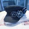 Pălărie de pictor cu bor larg Protecție solară Vizor respirabil Pălărie pentru modelarea feței Decorațiune cu flori 3D Pălărie tip șapcă Newsboy din denim spălat