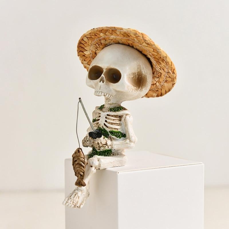 J0MC Resine Scheletro Pescatore Ornamento Miniatura per Accento Unico Giardino di Halloween