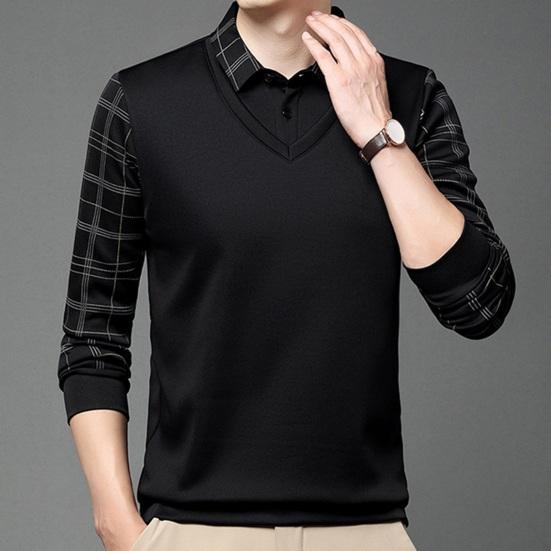 Fall Winter Men Sweater Fake Two-piece Lapel Plaid Slim Fit Thick Plush Warm Knitted Soft Long Sleeve Pullover Formal Business Style Mid-aged Men Top