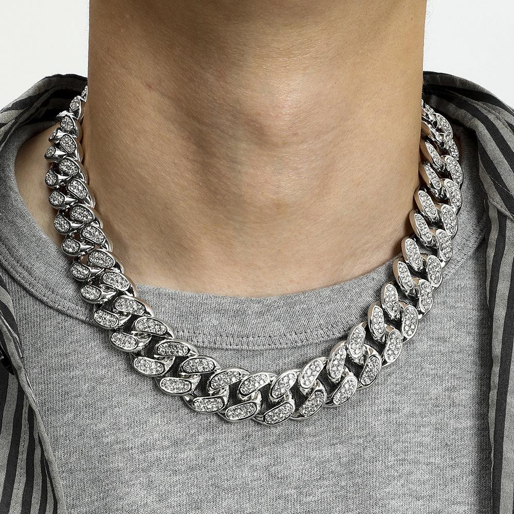 Hip Hop 20Mm Full Diamond Lines Men'S Necklace Exaggerated Personality Rap Rhinestone Chain Cuban Chain Necklace