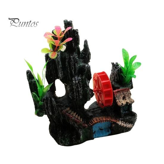Spinning Waterwheel for Fish Tank Aquarium Waterwheel, Ornament, Mini Rockery Mountain Air Bubbler, Resin Accessory Aerating Action Hideout Cave Betta