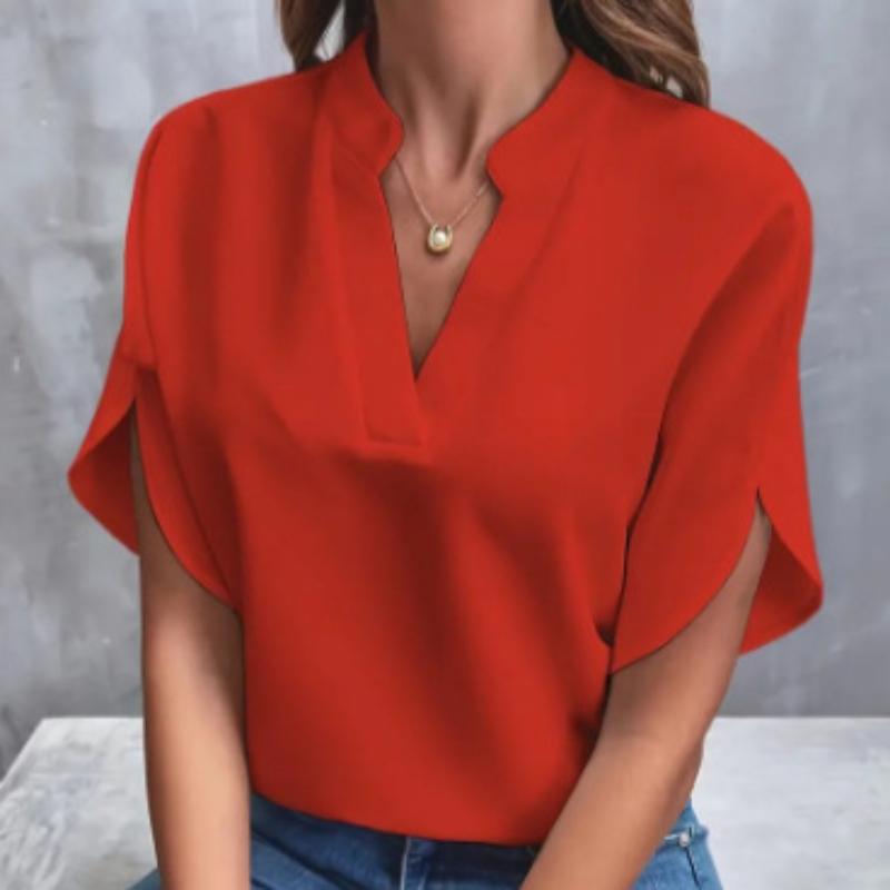 Summer New V-neck Shirt Solid Color Casual Short Sleeved Women's Shirt